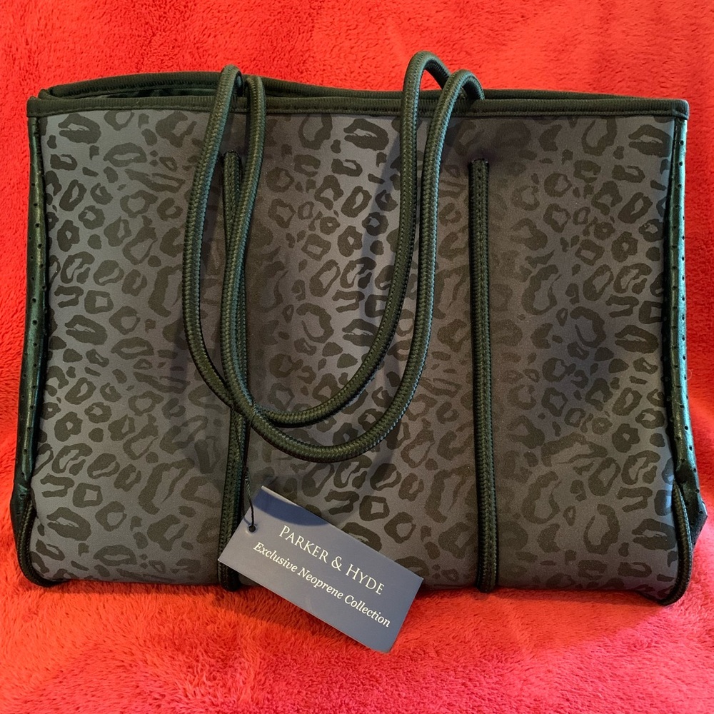 Parker & Hyde Neoprene Tote with Wristlet ~ Black Leopard Print